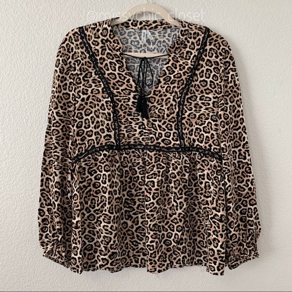 Mudd Cheetah Print Tassel Peasant Top, Juniors XL